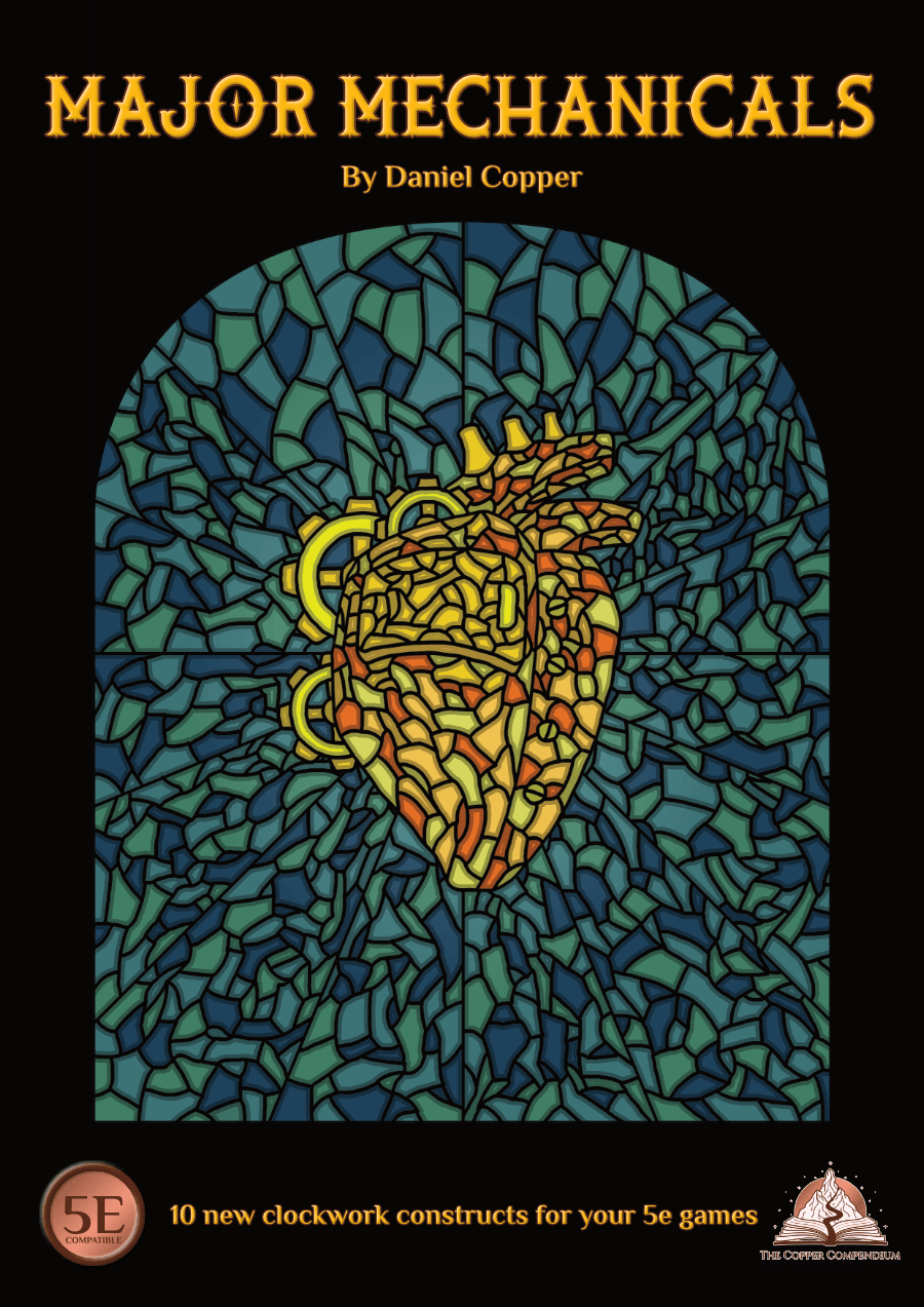 The cover of Major Mechanicals, showing a stained glass effect with a mechanical heart.