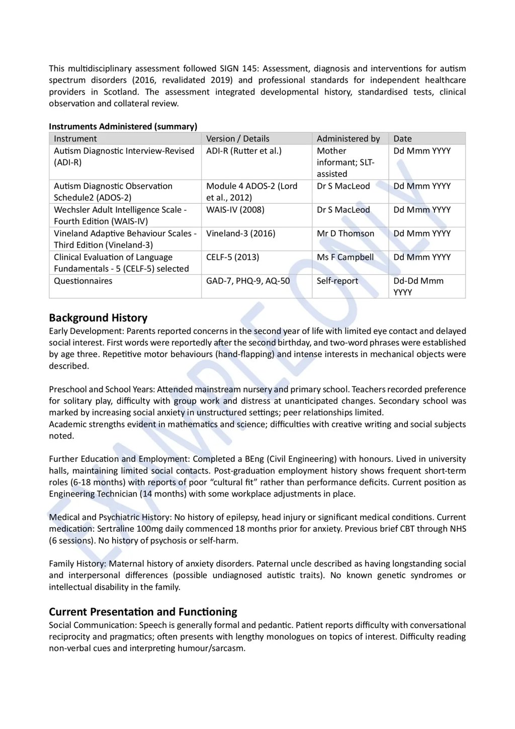 Redacted example of a legitimate ASD diagnostic report for a late-diagnosed adult in Scotland. Page 2 of 6