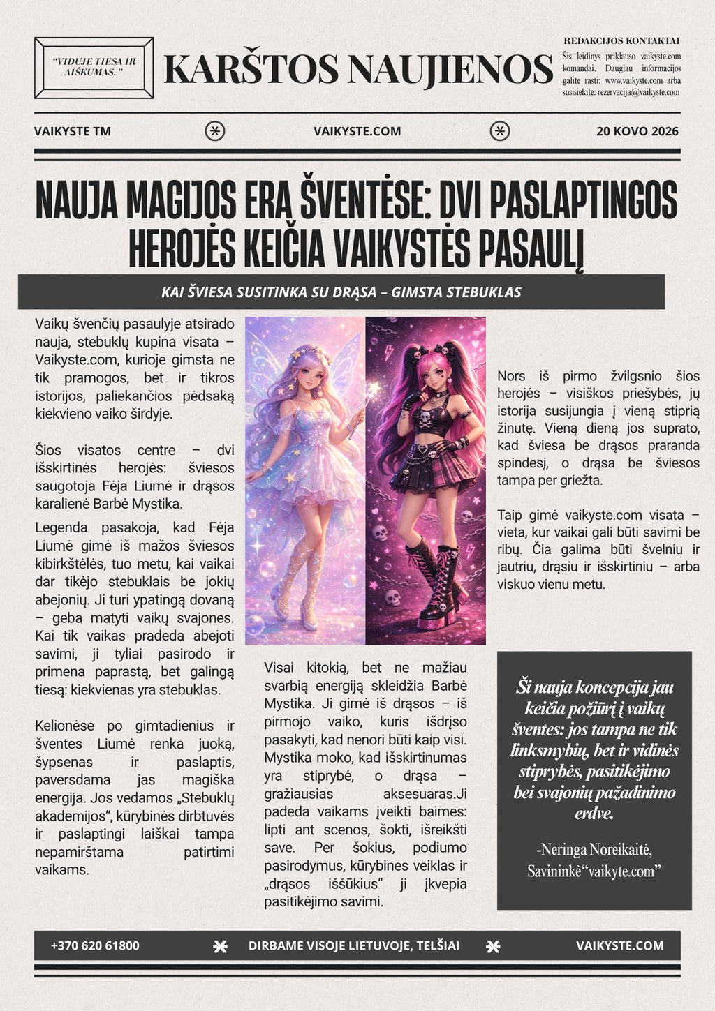 A Lithuanian Karštos Naujienos newspaper page featuring two magical doll characters and event information.