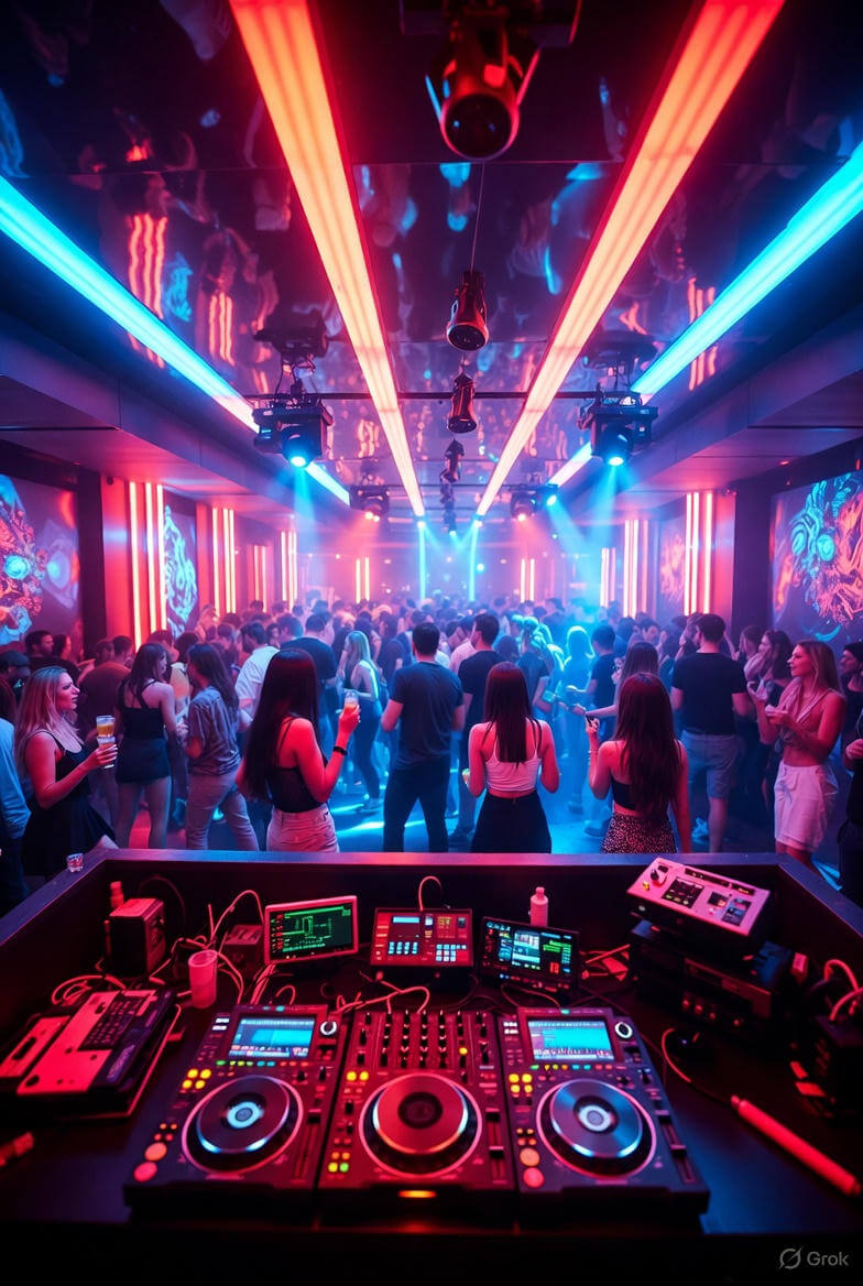 Crowded neon club scene with DJ, created using Grok Imagine Club Beats template