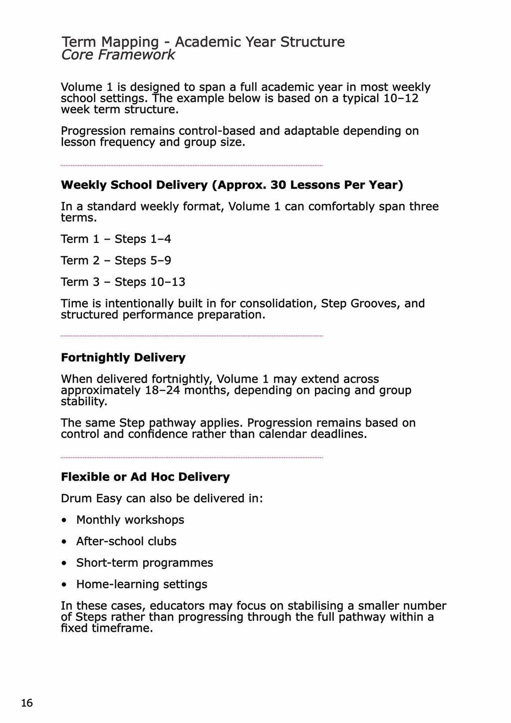 Page showing how to map the drum teaching over the course of a full academic year 