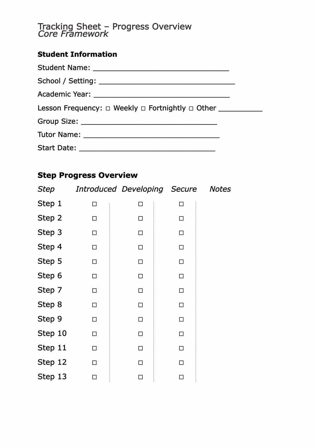 Drum Easy progress tracking sheet 