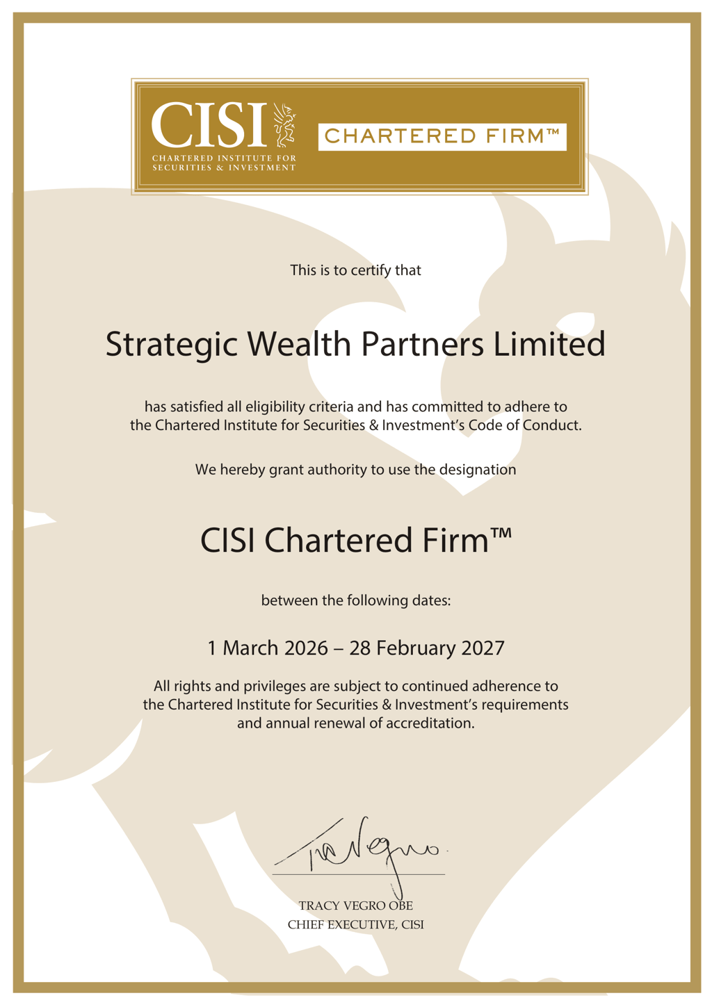 CISI Chartered Firm certificate for Strategic Wealth Partners Limited for 2026-2027 accreditation.