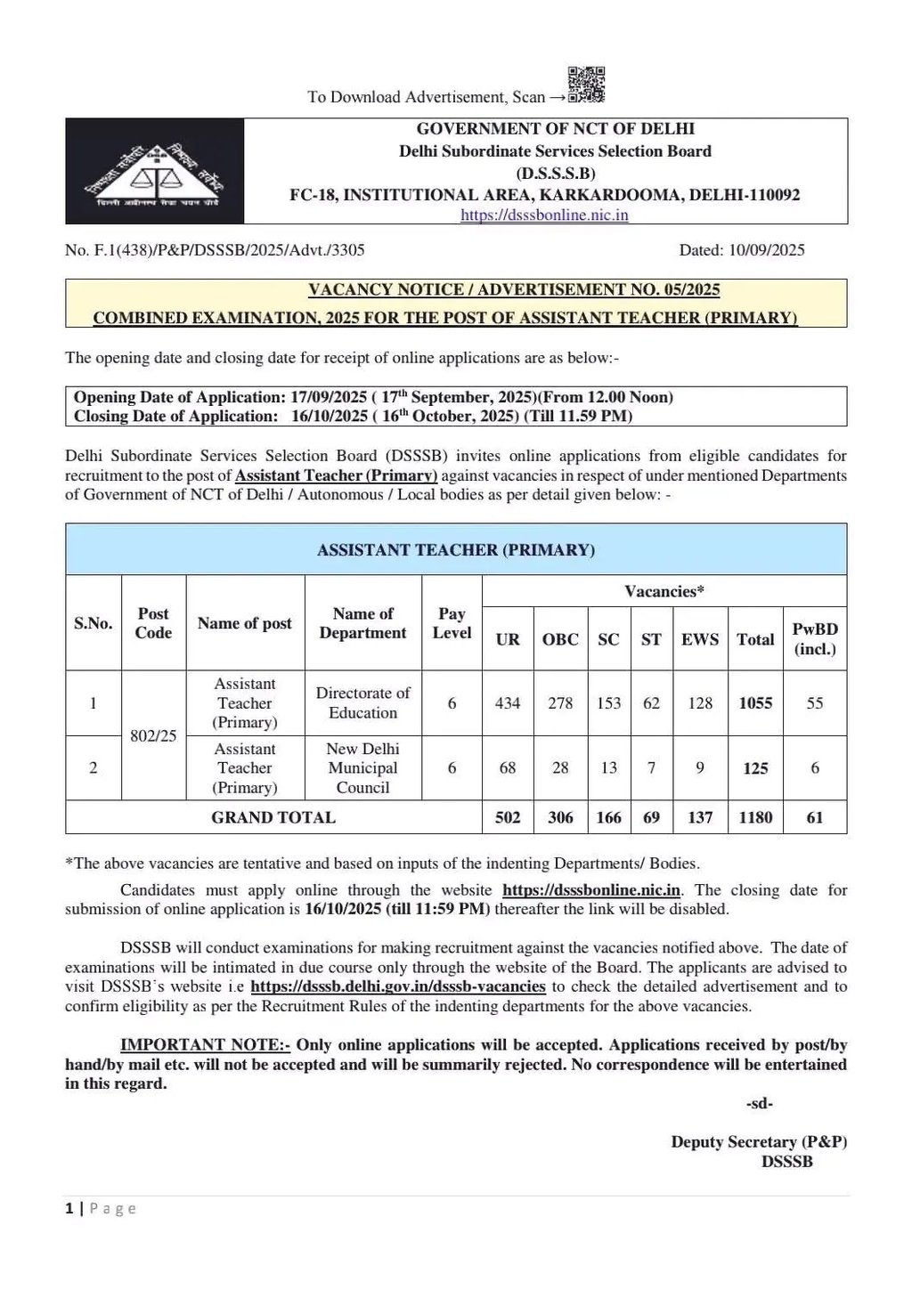 An Advertise/vacancy notice by GOVERNMENT OF NCT OF DELHI, for the post of ASSISTANT TEACHER