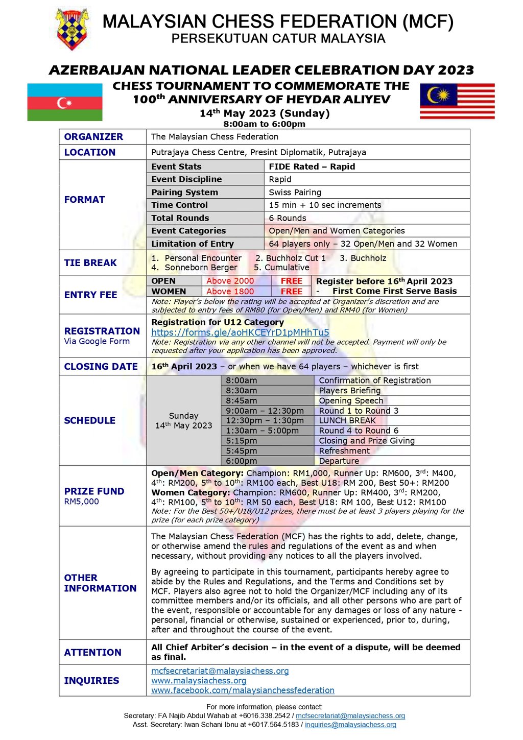 100th Anniversary Of Heydar Aliyev – Azerbaijan National Leader’s Day Malaysian Chess Tournament. 