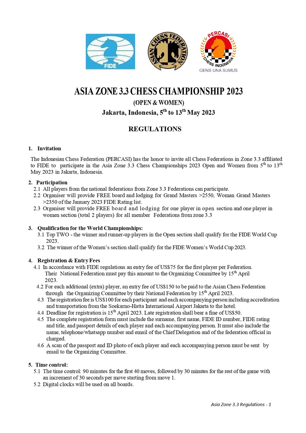Asian Zonal 3.3, Century Park Hotel Jakarta, Indonesia. Percasi Indonesia. Asian Chess Federation