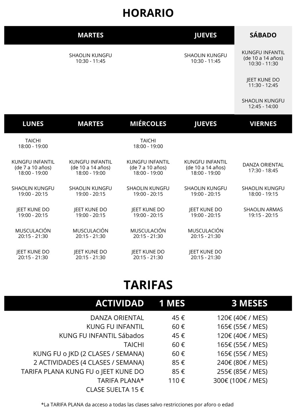 horarios de las actividades y tarifas