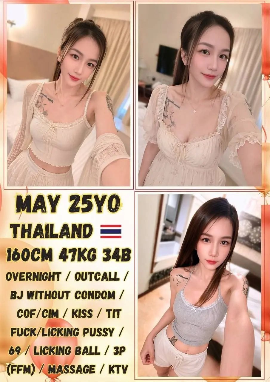 A collage showing three photos of a young Thai woman in lingerie alongside her escort service details.