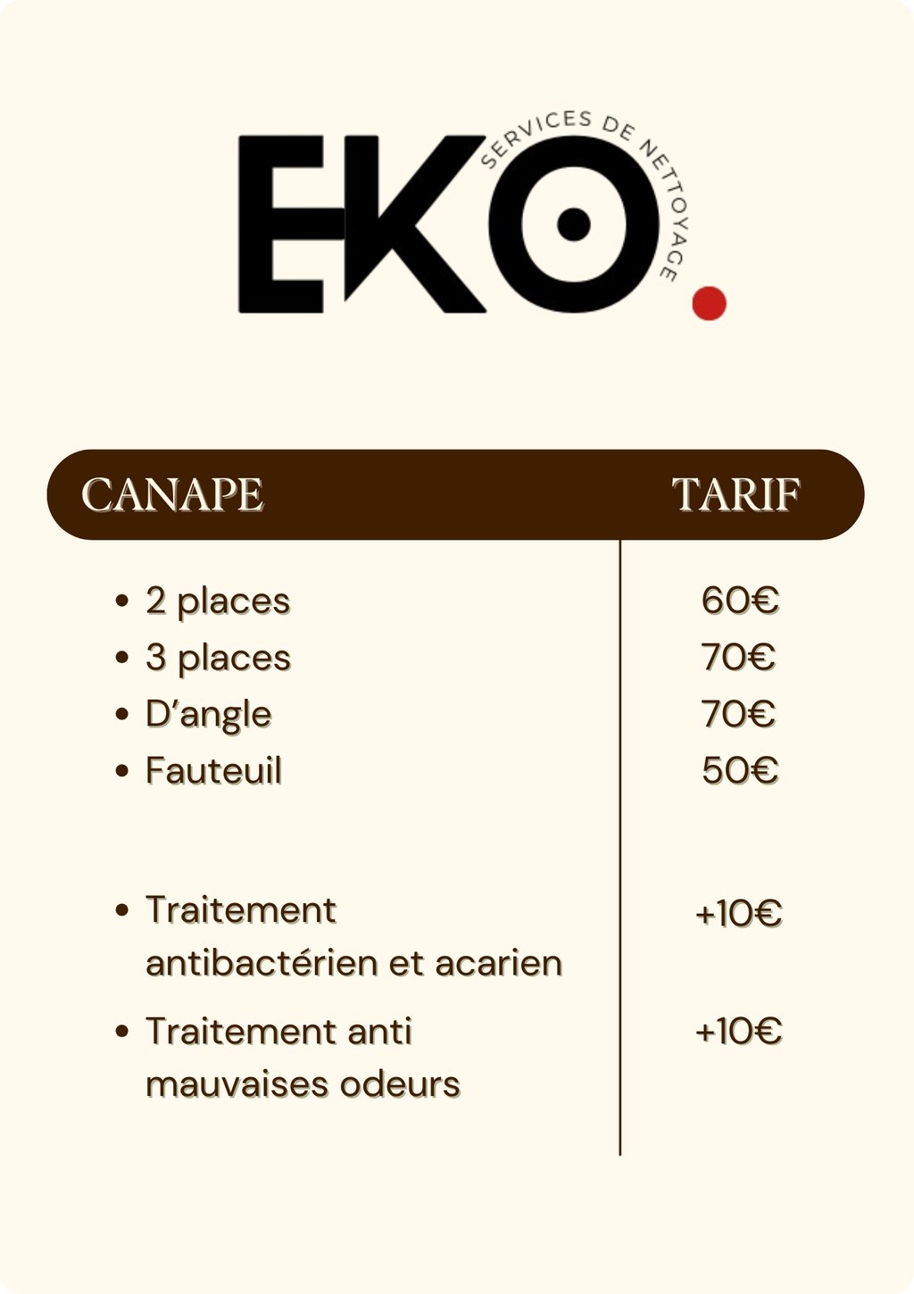 tarifs, prix que je propose pour le nettoyage de canapé