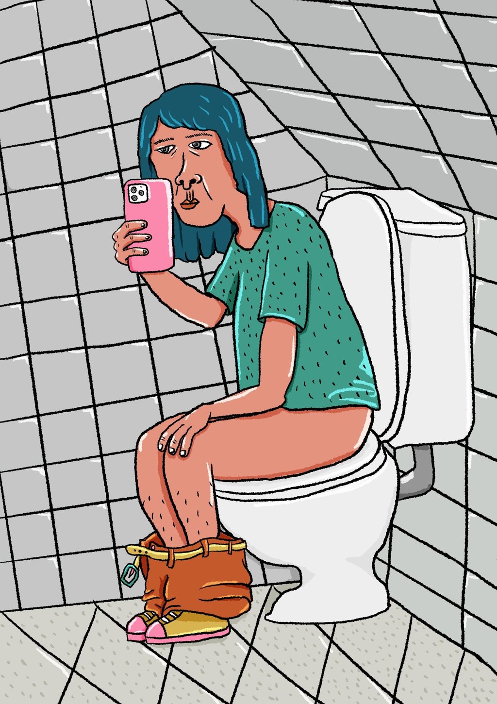 由廢材Fade Chai所創作的插畫：一個人坐在馬桶上自拍