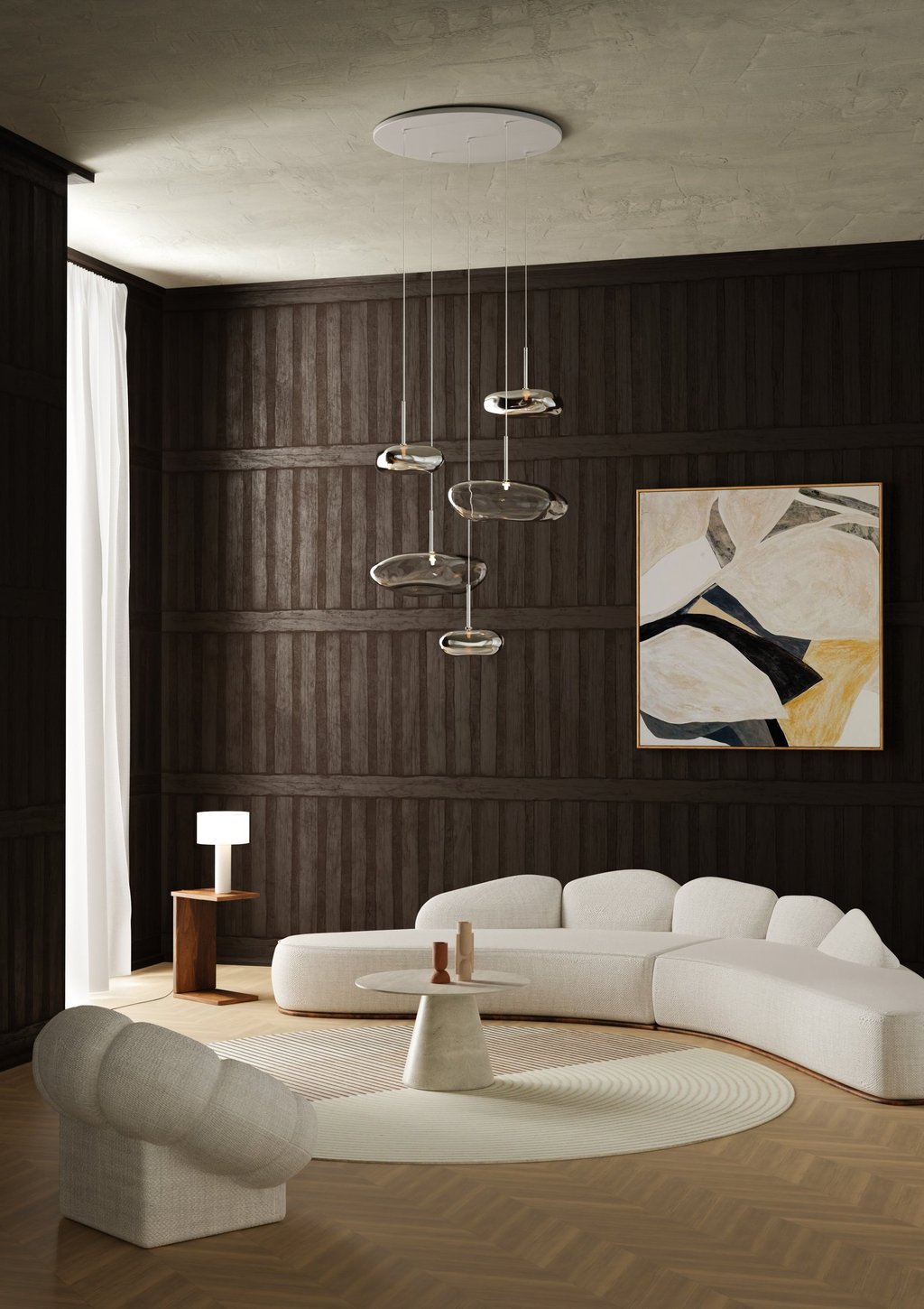 Rendu 3D photoréaliste d’un salon moderne avec canapé blanc arrondi, suspension design en verre chromé et mur sombre élégant.