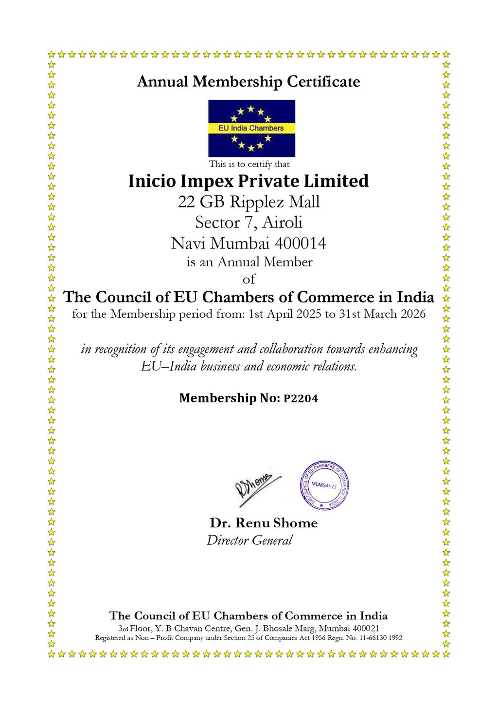 EU CHAMBER OF COMMERECE certificate Mumbai India Export ready