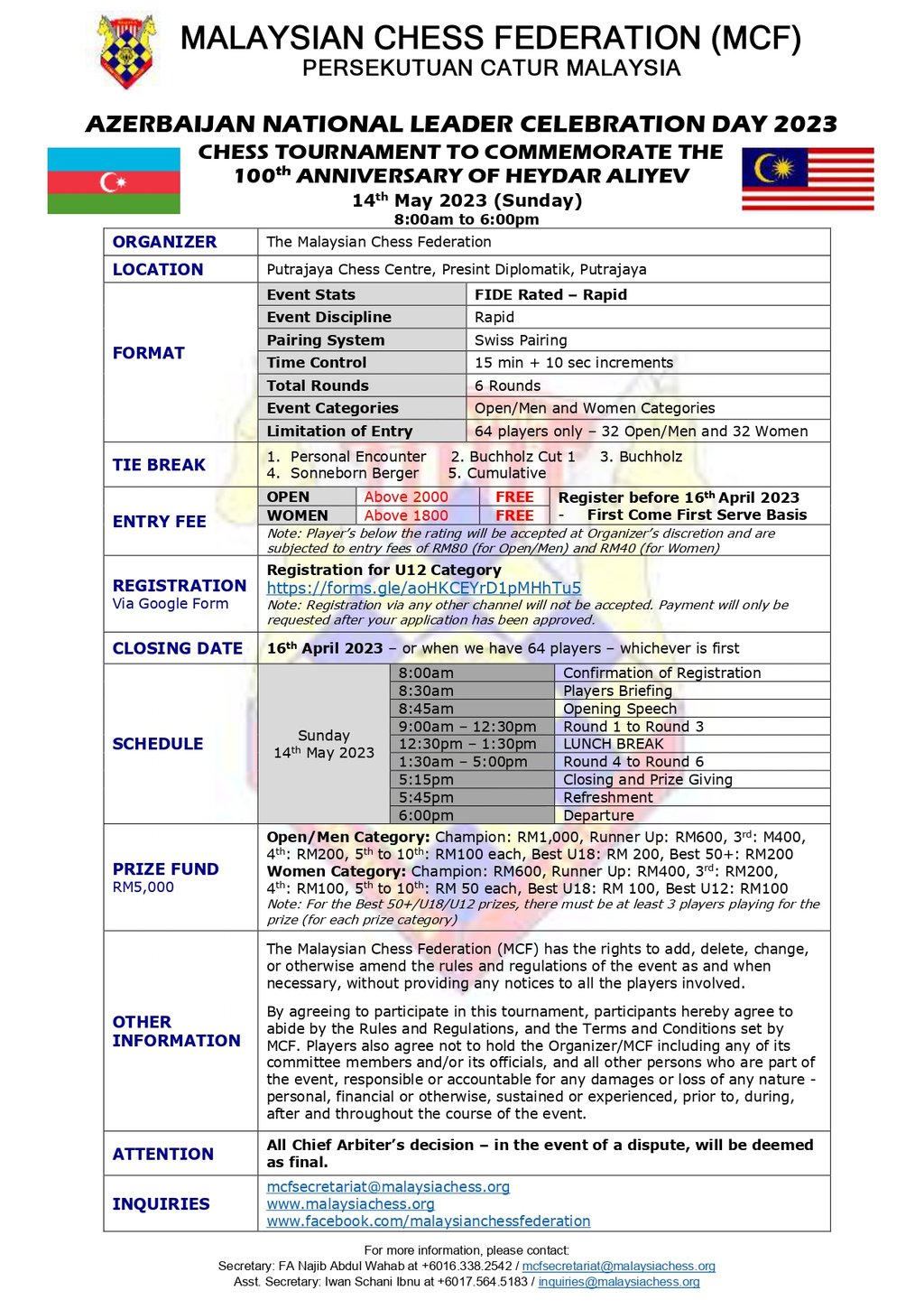 100th Anniversary Of Heydar Aliyev – Azerbaijan National Leader’s Day Malaysian Chess Tournament. 