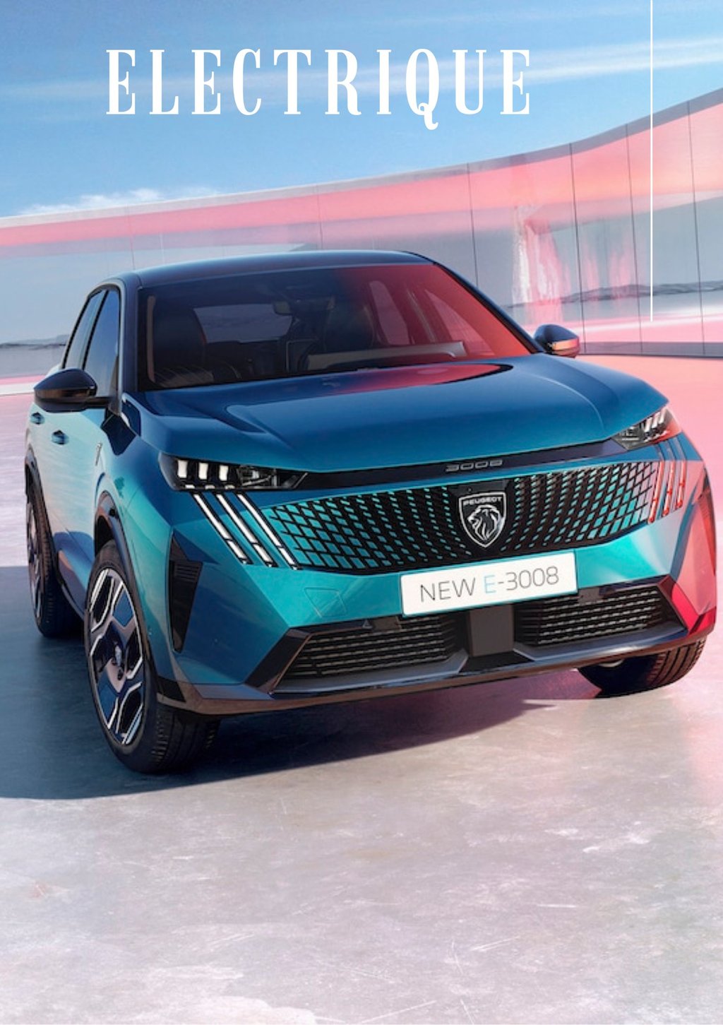 a blue electric peugeot e 3008 car with the words electric