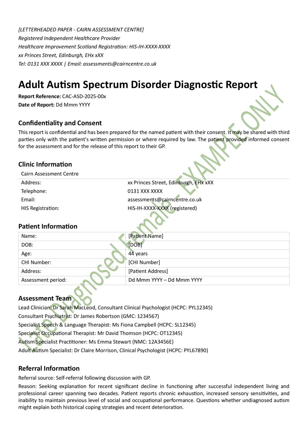 Redacted example of a legitimate ASD diagnostic report for an adult late-diagnosed female in Scotland. Page 1 of 9