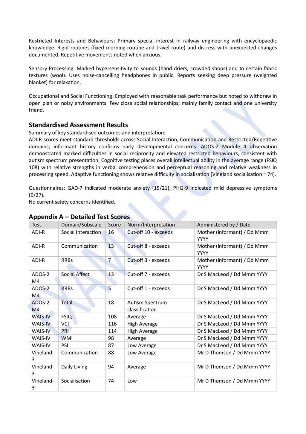 Redacted example of a legitimate ASD diagnostic report for a late-diagnosed adult in Scotland. Page 3 of 6