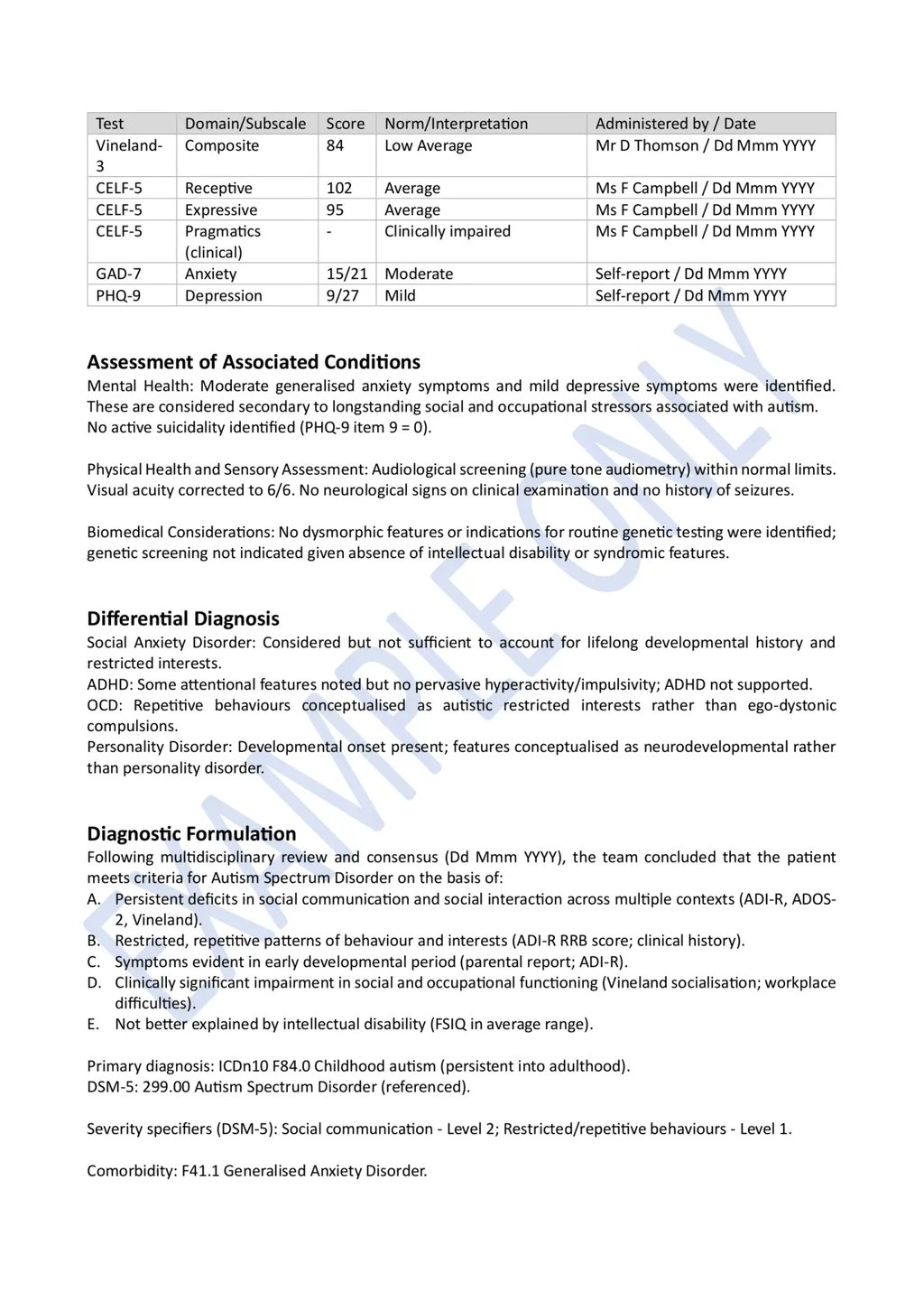 Redacted example of a legitimate ASD diagnostic report for a late-diagnosed adult in Scotland. Page 4 of 6