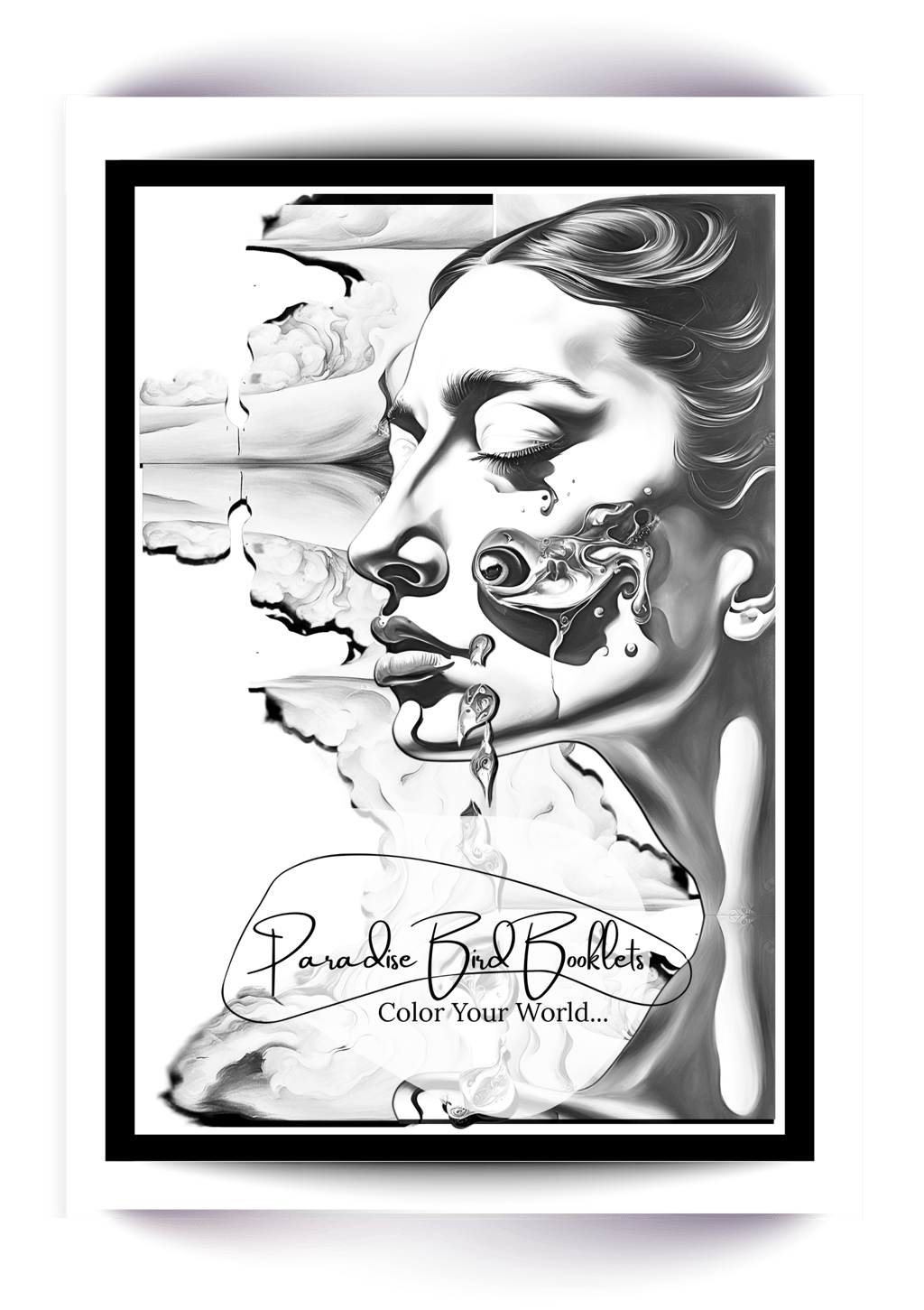 Coloring page of a surrealistic woman's face crying melting clocks