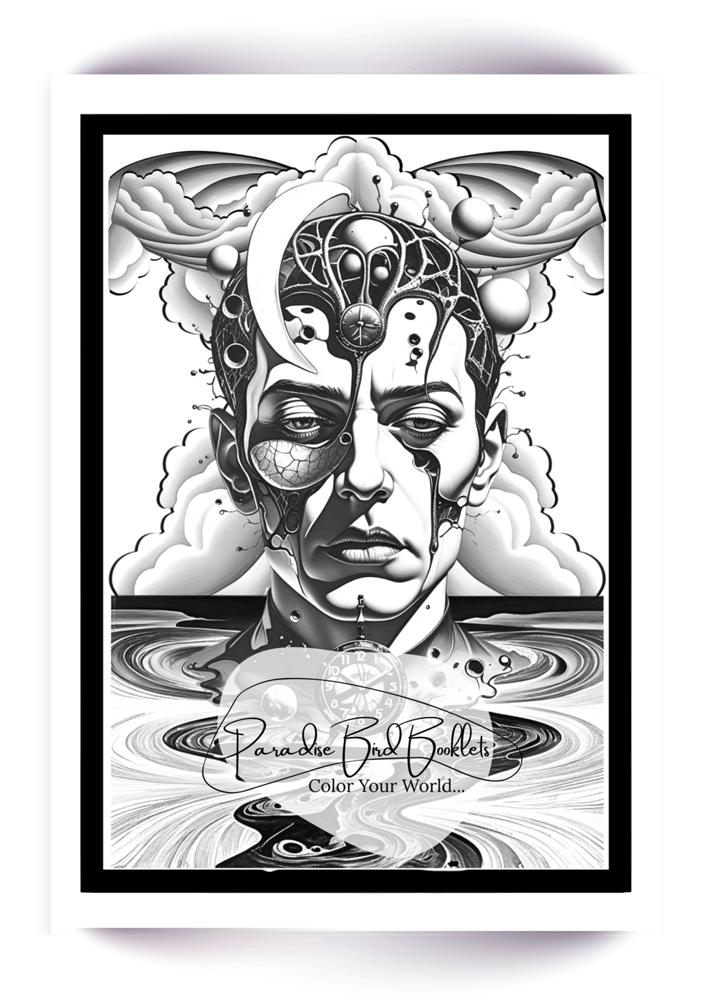 Surreal coloring art style page of a worried male head and flow