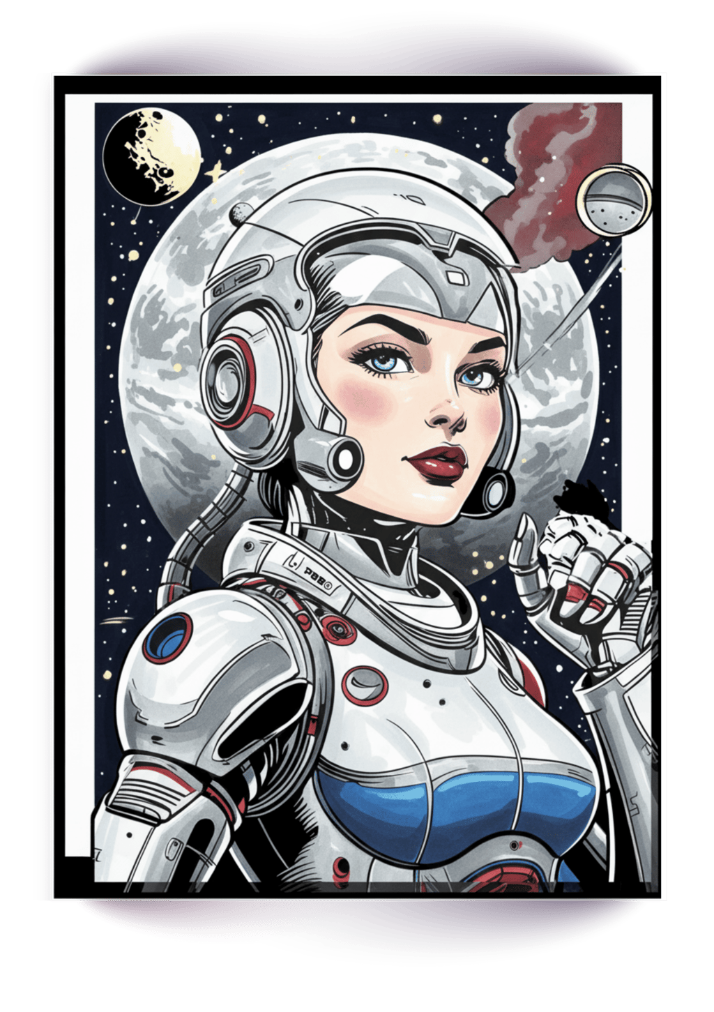 Retro sci-fi illustration of a female astronaut in a sleek white space suit against a lunar background.