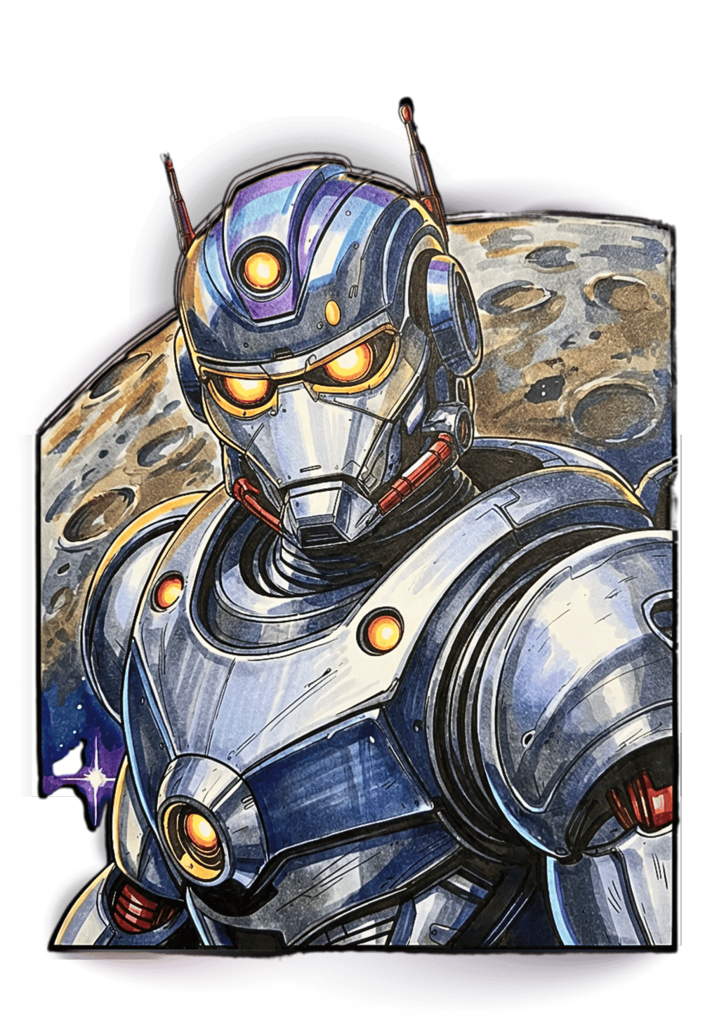 Hand-drawn illustration of a futuristic blue space robot with glowing yellow eyes on a moon background.