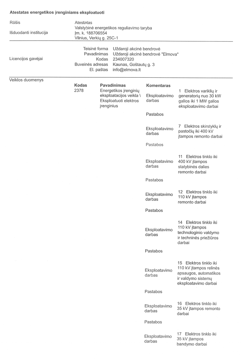 VERT atestatas eksploatuoti elektros įrenginius Nr. E-0368