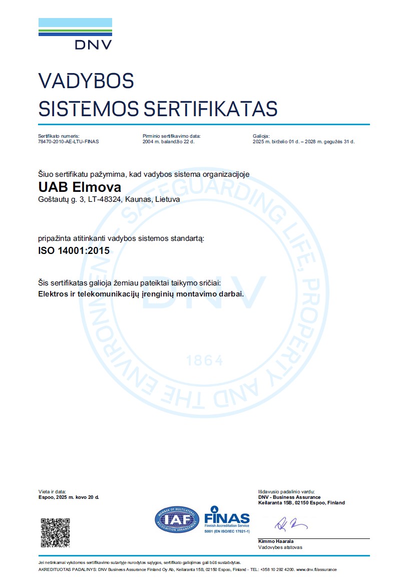 ISO 14001:2015 vadybos sistemos sertifikatas