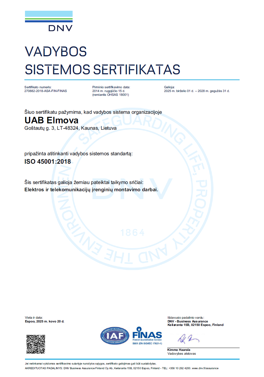 ISO 45001:2018 vadybos sistemos sertifikatas