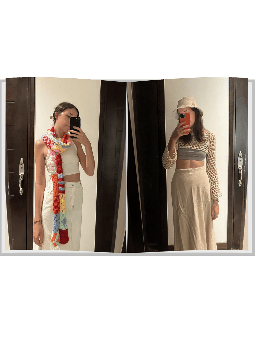 Woman, standing in the mirror, fashioning her self-made croquet scarf and long sleeved crop top