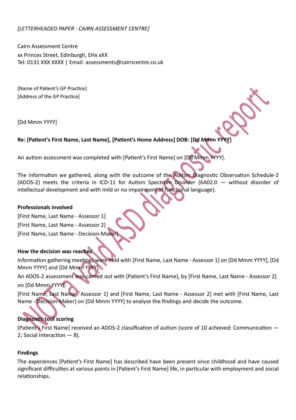 Redacted example of an illegitimate autism diagnostic report in Scotland - page 1 of 2.