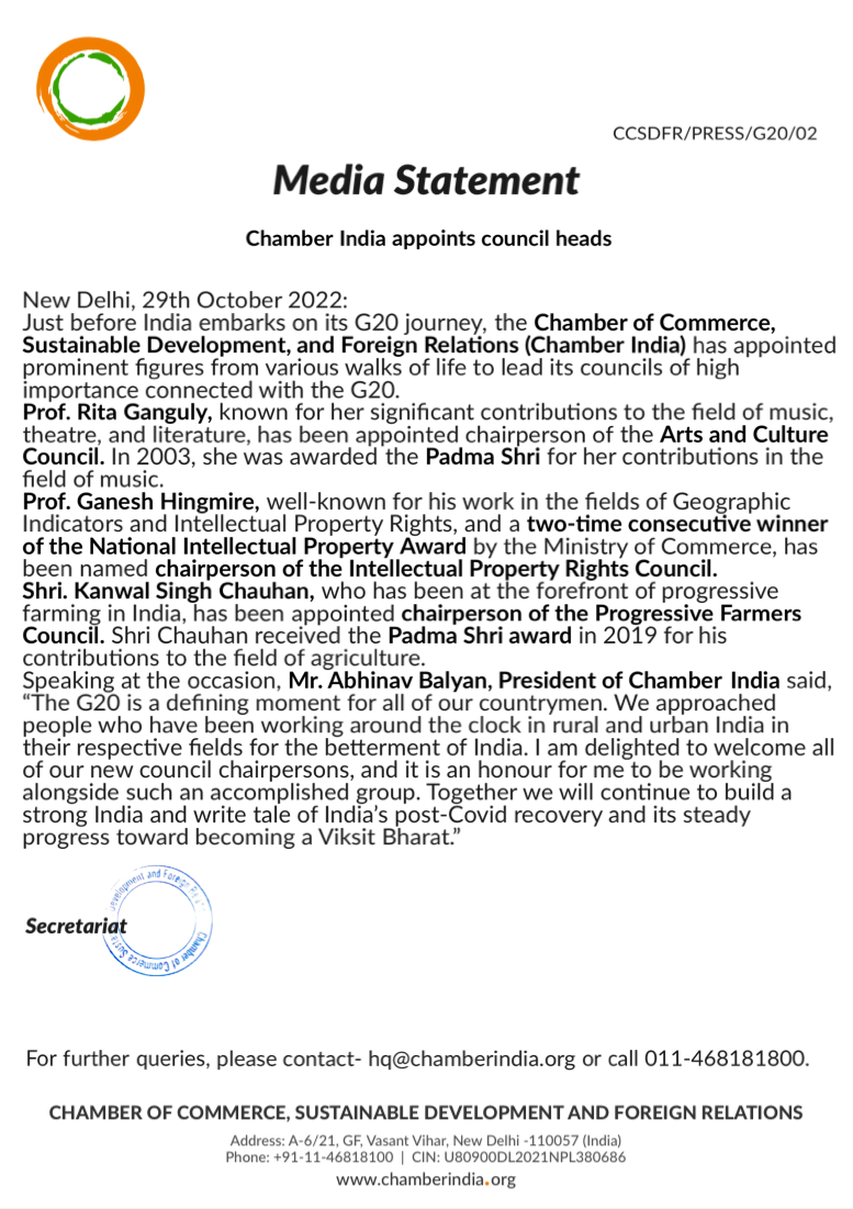 Chamber India Media Release