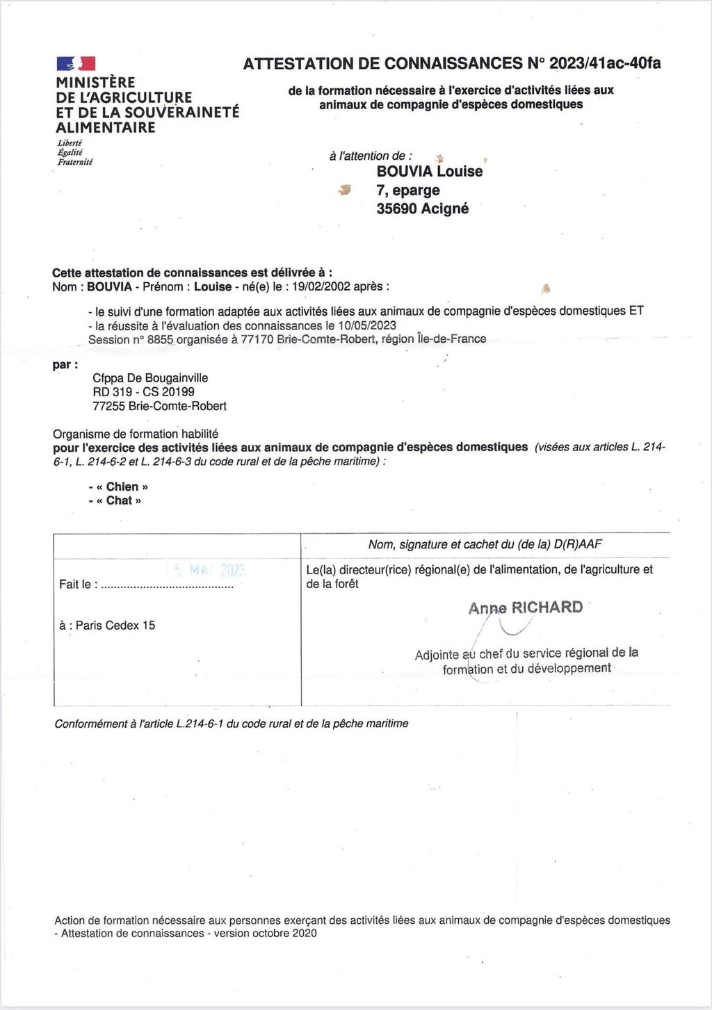 Attestation de connaissances des animaux de compagnie et d'espèces domestiques