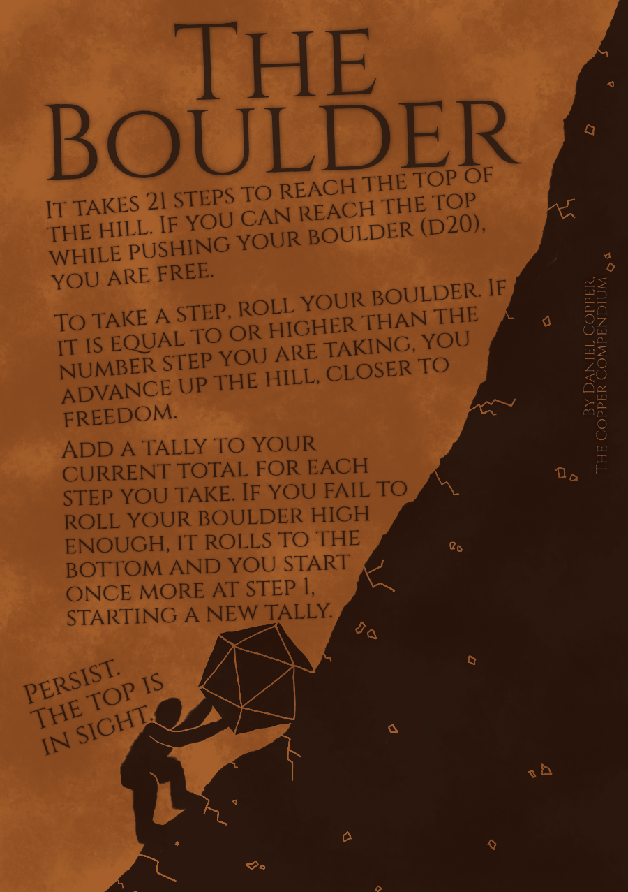 The cover of The Boulder. A figure pushes a d20 up a steep incline, the art style that of ancient Greek pottery.