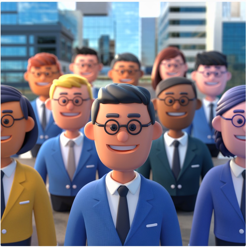 a group of cartoon characters with glasses and a man in a suit