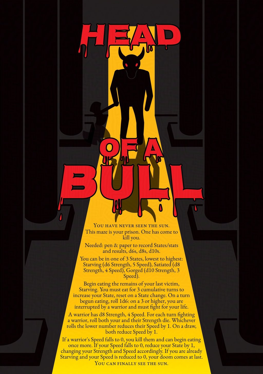 The cover of Head of a Bull. A minotaur stands, silhouetted by a yellow doorway, with pillars on each side.