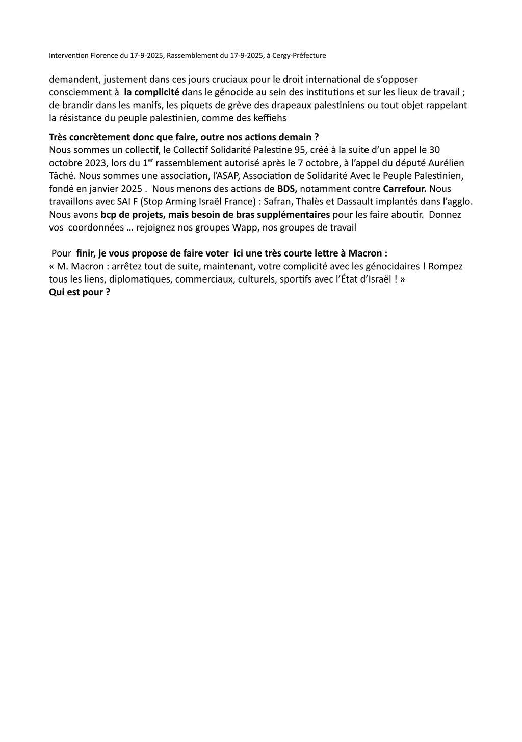 Intervention de Florence au Rassemblement du 17 septembre 2025 à Cergy-Préfecture 3/3