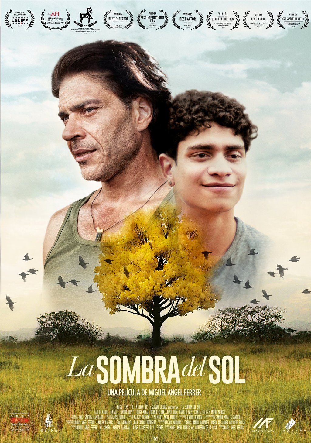 Movie poster for La Sombra del Sol featuring two men, a yellow tree, and award laurels.