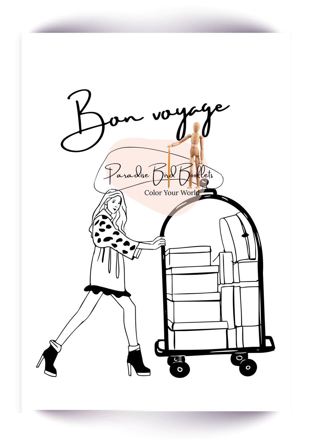 Coloring page of a Parisien girl with suitcases on a hoteltrolley traveling paris