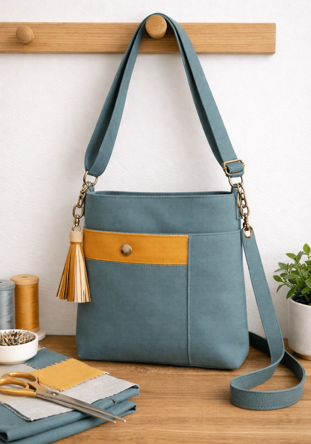 Handmade teal canvas cross-body purse with accent pocket and tassel