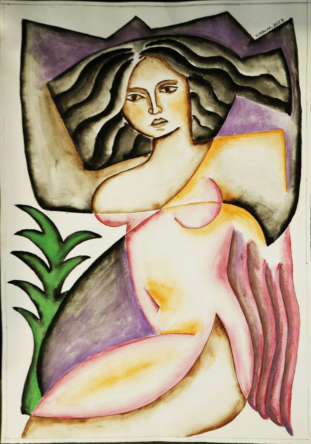 A woman and A Green Plant, Watercolour on paper,   35 x 50 cm