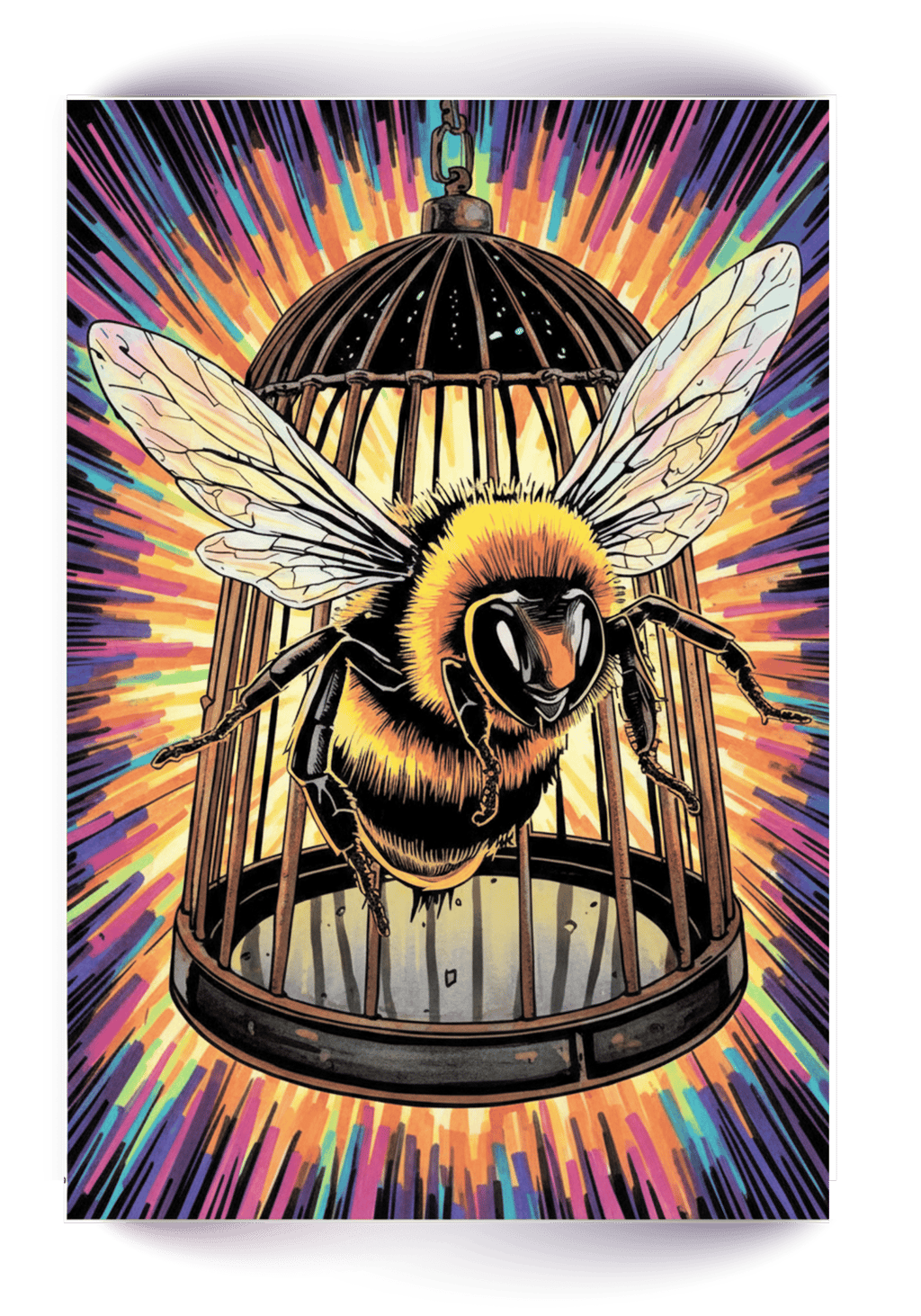 A giant bumblebee breaking out of a birdcage with a colorful psychedelic burst background.
