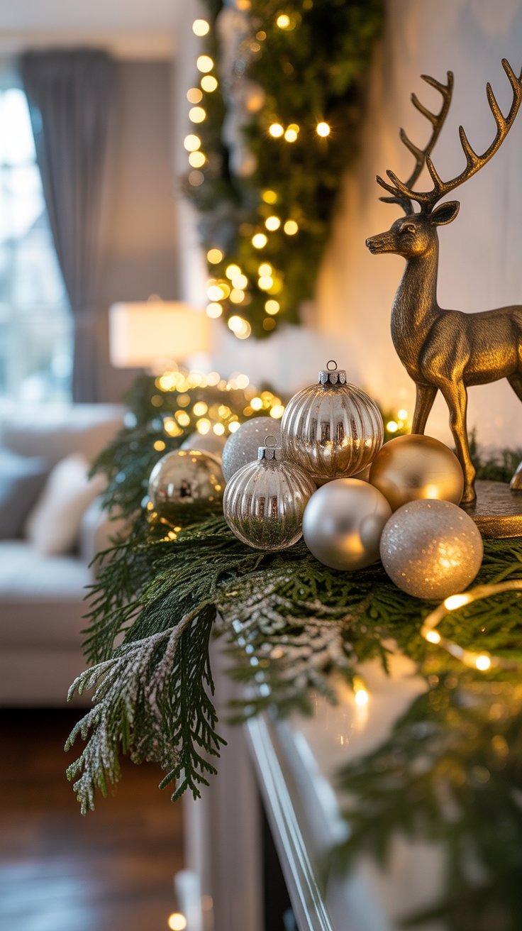 a deer statue is sitting on a mantle mantle