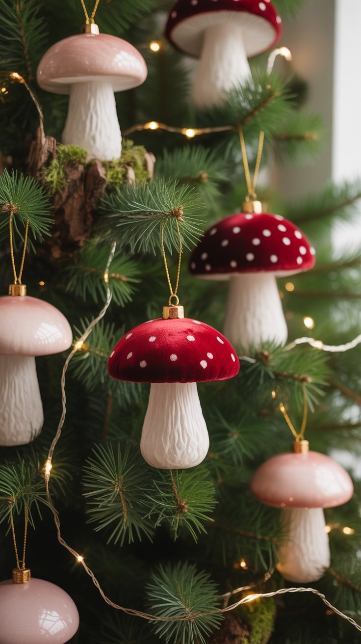a christmas tree with red and white mushrooms and mushrooms