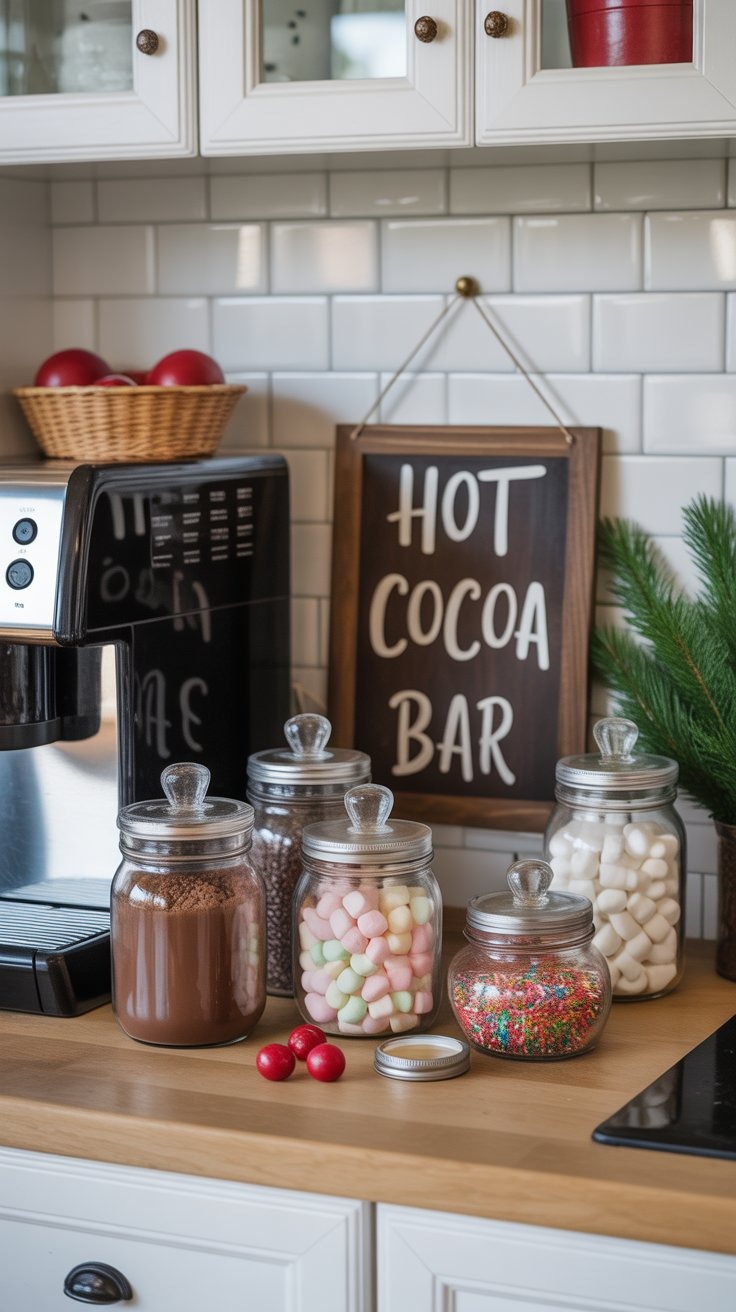 a kitchen counter top with a sign that says hot chocolate