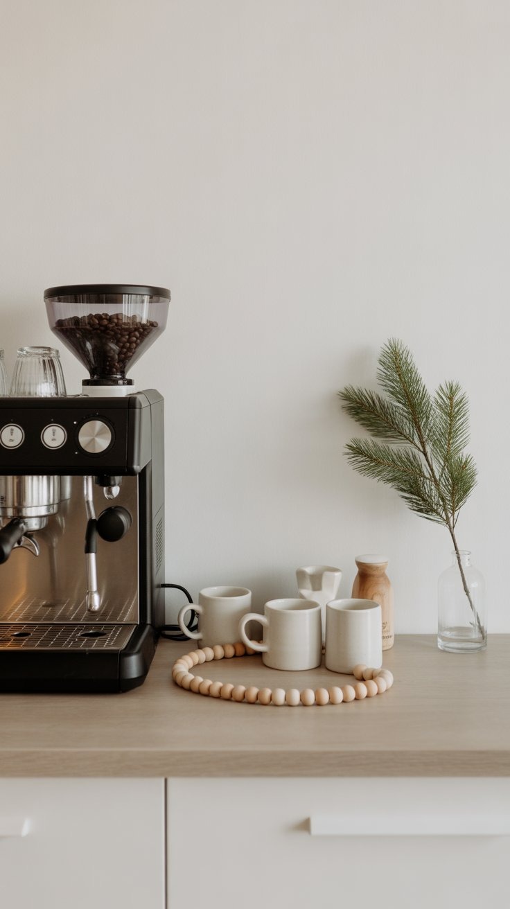a coffee maker on a counter top with coffee beans and coffee