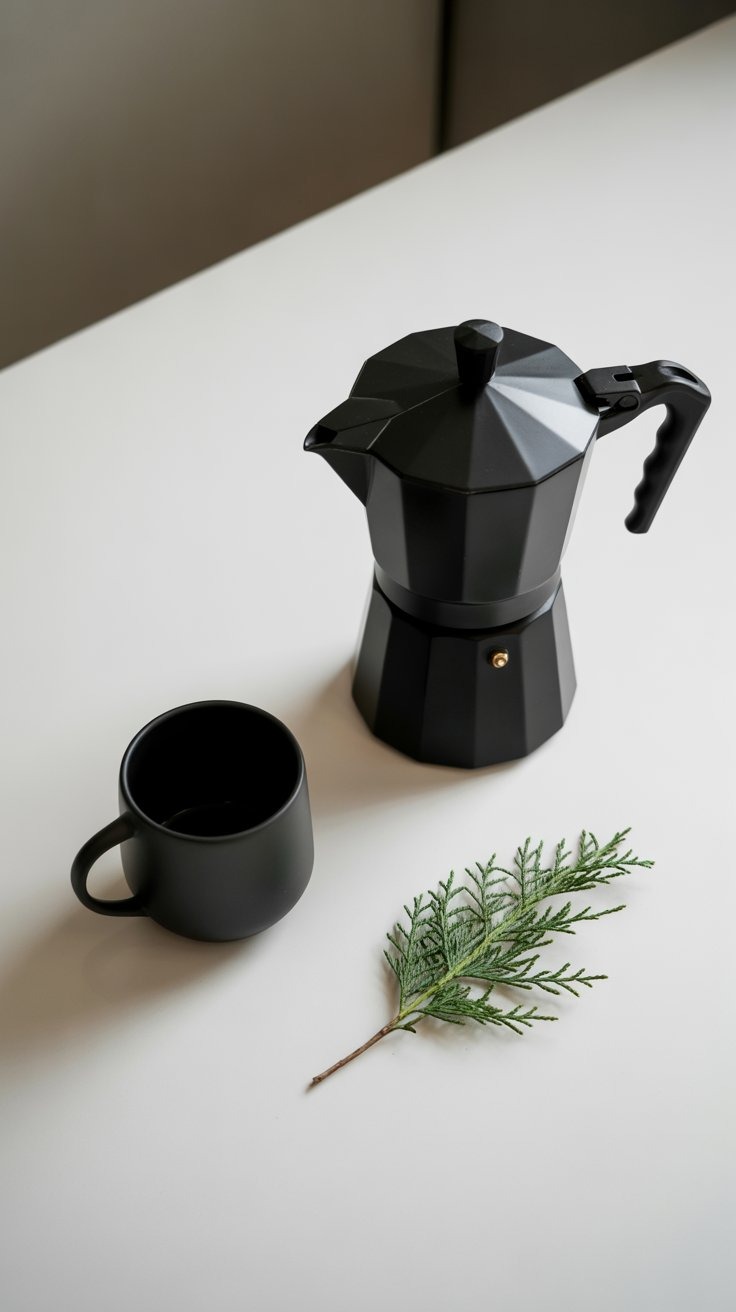 a coffee potted on a table with a cup of coffee and a plant