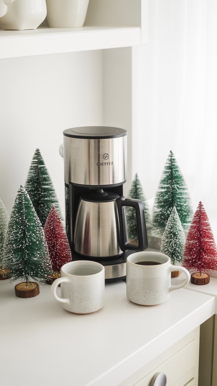 a coffee maker with coffee cups and christmas trees