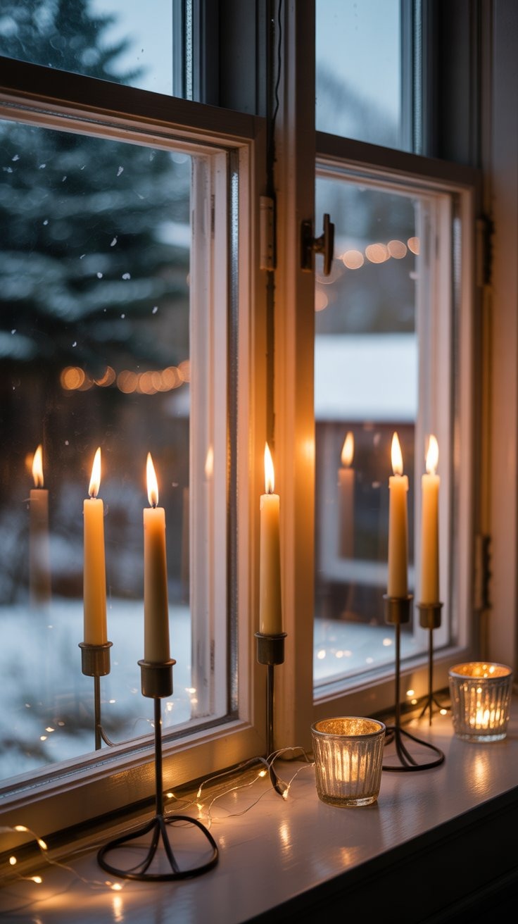 candles are lit up in the window sill