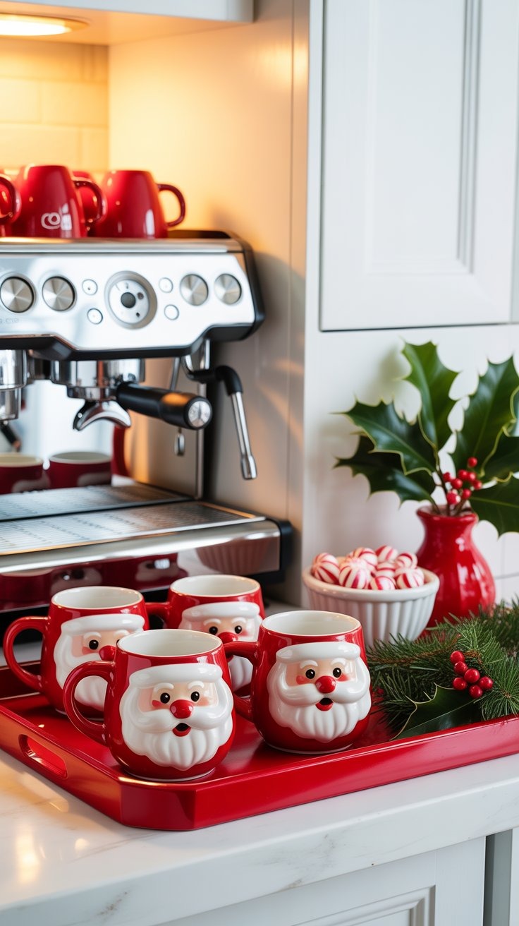 a tray of coffee cups with santa claus mugs
