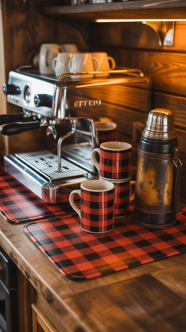 a coffee maker and cups of coffee on a table